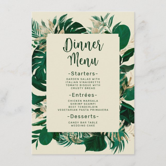 Modern Greenery Tropical Leaves Wedding Dinner Menu (Front)