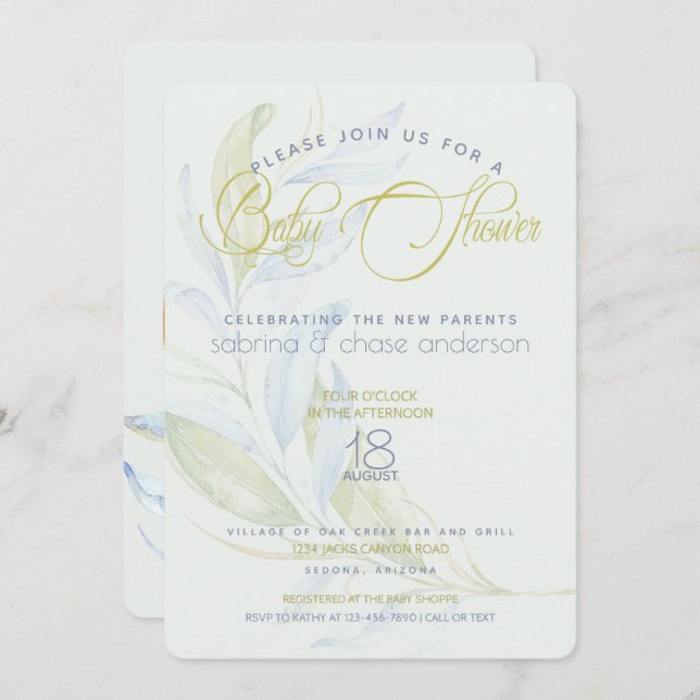 Modern  Greenery Watercolor  Couples Baby Shower Invitation (Front/Back)
