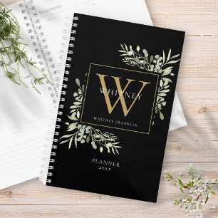 Modern Greenery Watercolor Monogram Name Planner