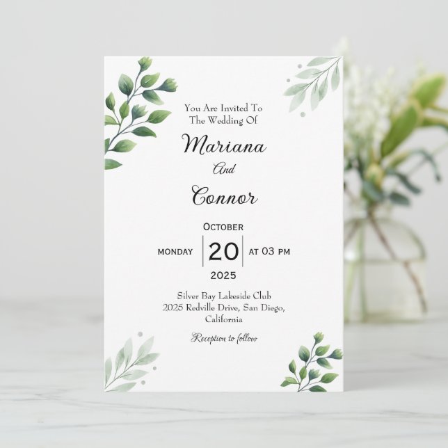 Modern Greenery Wedding Invitation (Standing Front)