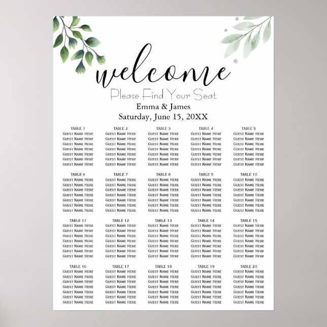 Modern Greenery Wedding Seating Chart (Front)