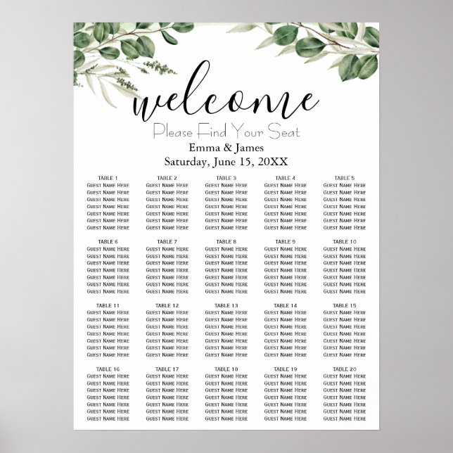 Modern Greenery Wedding Seating Chart (Front)