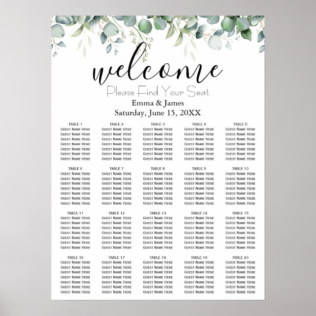 Modern Greenery Wedding Seating Chart (Front)