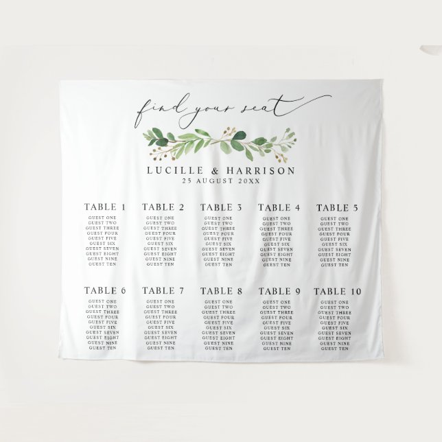 Modern Greenery Wedding Seating Plan Tapestry (Front (Horizontal))