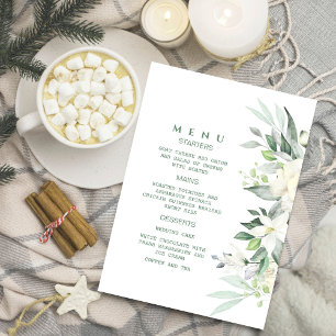 Modern Greenery White Floral Menu Invitation