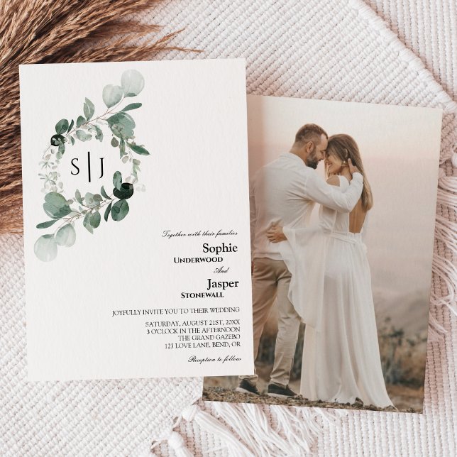 Modern Greenery White Monogram Photo Wedding Invitation (Creator Uploaded)