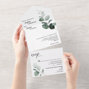 Modern Greenery White Wedding All In One Invitation