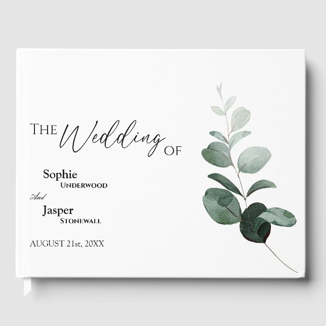 Modern Greenery White Wedding Guest Book (Front)