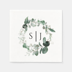 Modern Greenery White Wedding Monogram Napkin