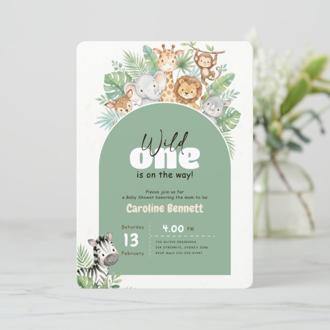 Modern Greenery Wild One Baby Shower Invitation (Standing Front)