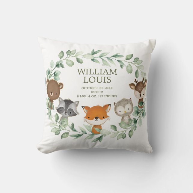 Modern Greenery Woodland Birth Stats Boy Nursery Cushion (Front)