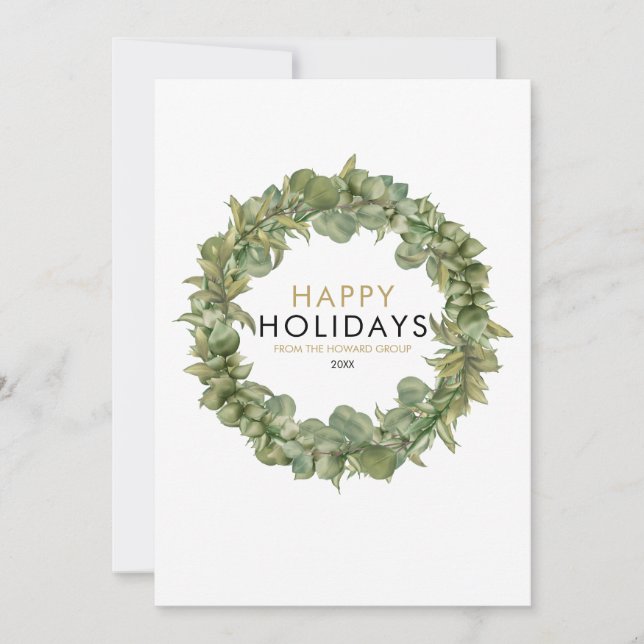 Modern Greenery Wreath Office Holiday Card (Front)