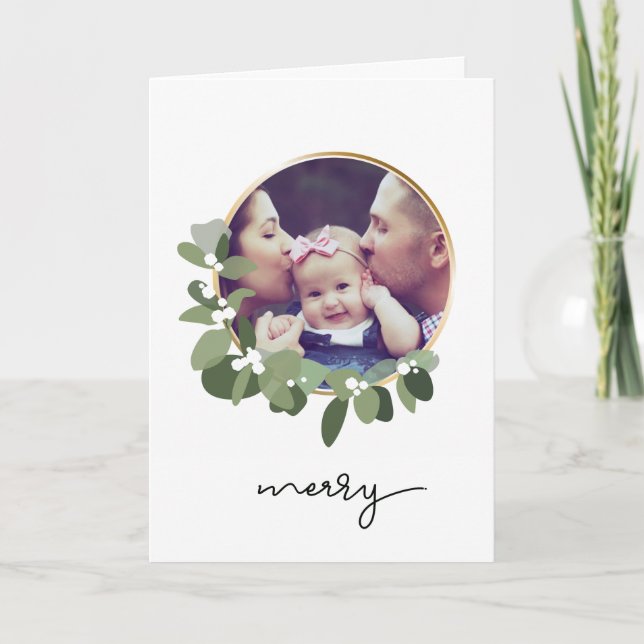Modern Greenery Wreath Photo Merry Christmas Holiday Card (Front)