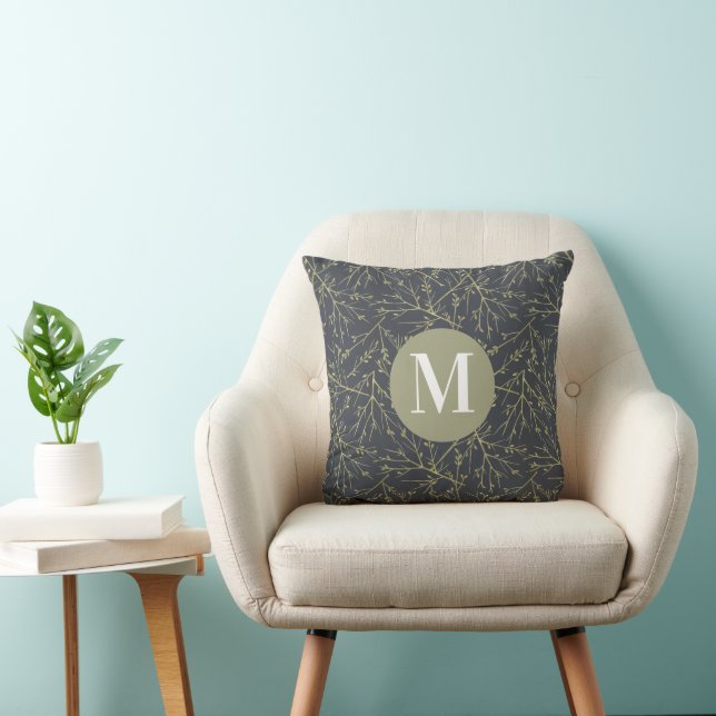 Modern Greenish Yellow Fall Design White Monogram Cushion (Chair)