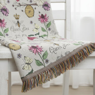 Modern Greige Mothers Day Queen Bee and Flowers Throw Blanket