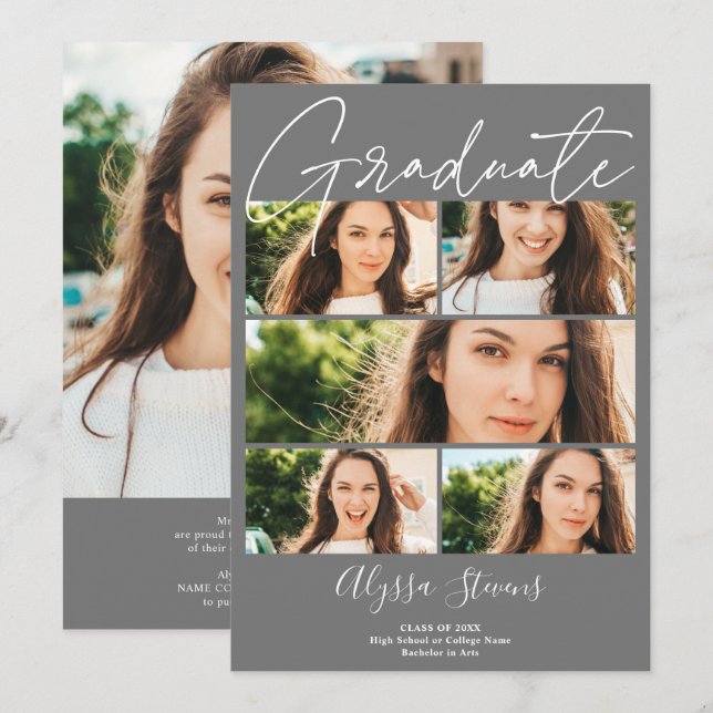 Modern grey 6 photos grid collage graduation announcement (Front/Back)