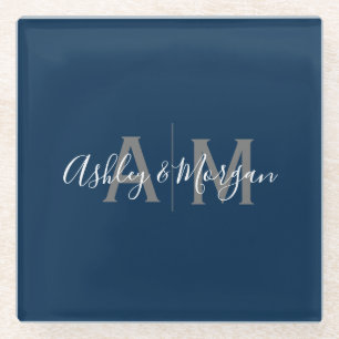 Modern Grey and Blue Couple's Monogram Glass Coaster