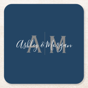 Modern Grey and Blue Couple's Monogram Square Paper Coaster