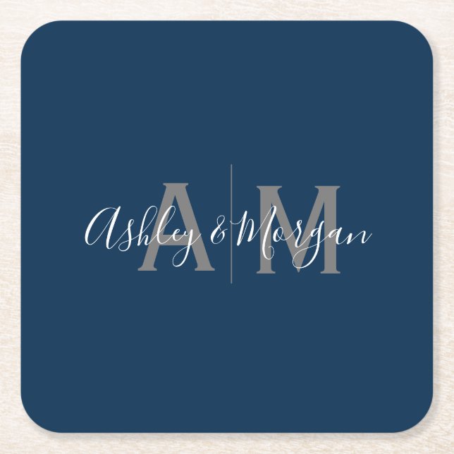 Modern Grey and Blue Couple's Monogram Square Paper Coaster (Front)