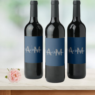 Modern Grey and Blue Couple's Monogram Wine Label