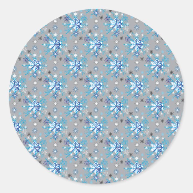 Modern grey and blue Holiday Snowflakes pattern Classic Round Sticker (Front)