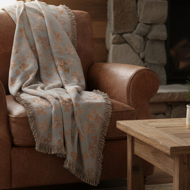 Modern Grey and Copper Snowflake Pattern Christmas Throw Blanket (Blend rustic charm with modern elegance. )