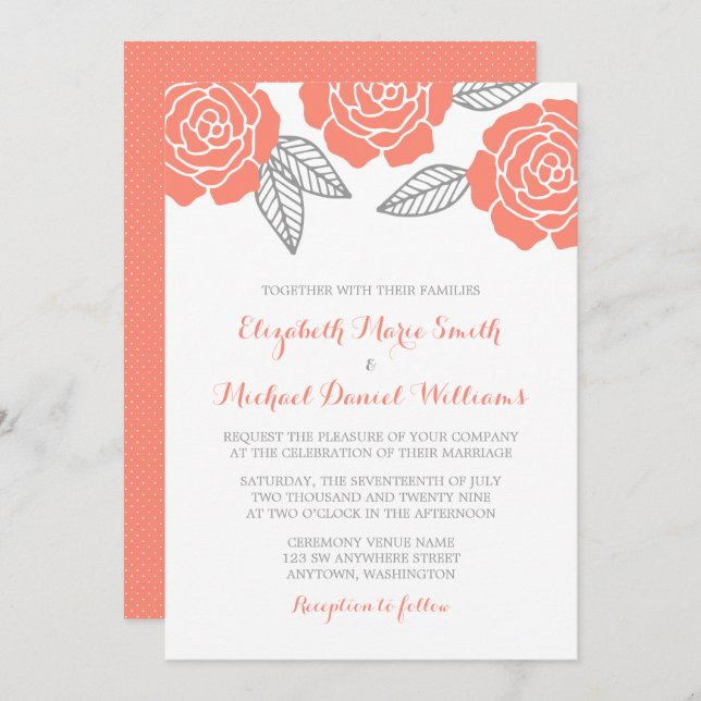 Modern Grey and Coral Rose Wedding Invitations (Front/Back)