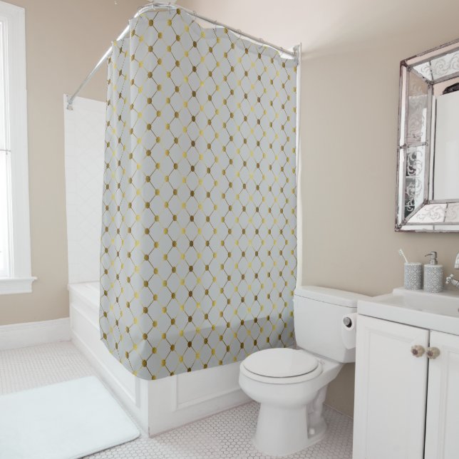 Modern Grey and Gold Dot Grid  Shower Curtain (In Situ)