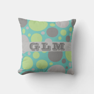 Modern Grey and Green Bubbles Monogram Cushion