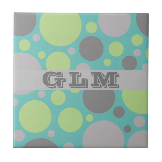 Modern Grey and Green Bubbles Monogram Tile (Front)