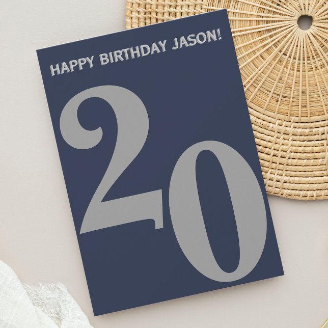 Modern Grey and Navy Blue Men 20th Birthday Card (Creator Uploaded)