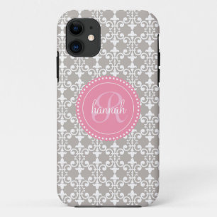 Modern Grey and Pink Damask Personalised Case-Mate iPhone Case