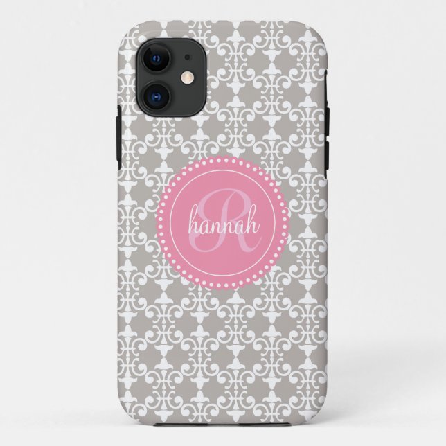 Modern Grey and Pink Damask Personalised Case-Mate iPhone Case (Back)