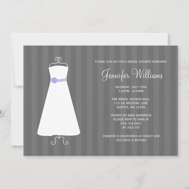 Modern Grey and Purple Gown Stripes Bridal Shower Invitation (Front)