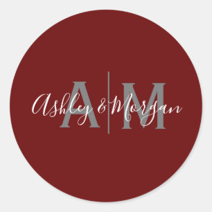 Modern Grey and Red Couple's Monogram Classic Round Sticker