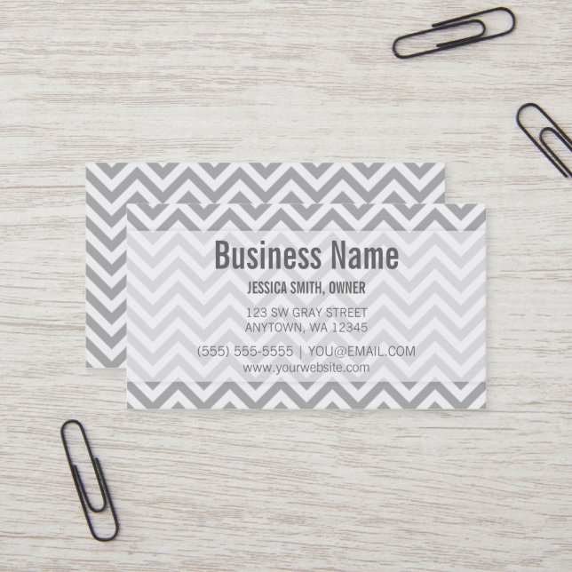 Modern Grey and White Chevron Pattern Business Card (Front/Back In Situ)