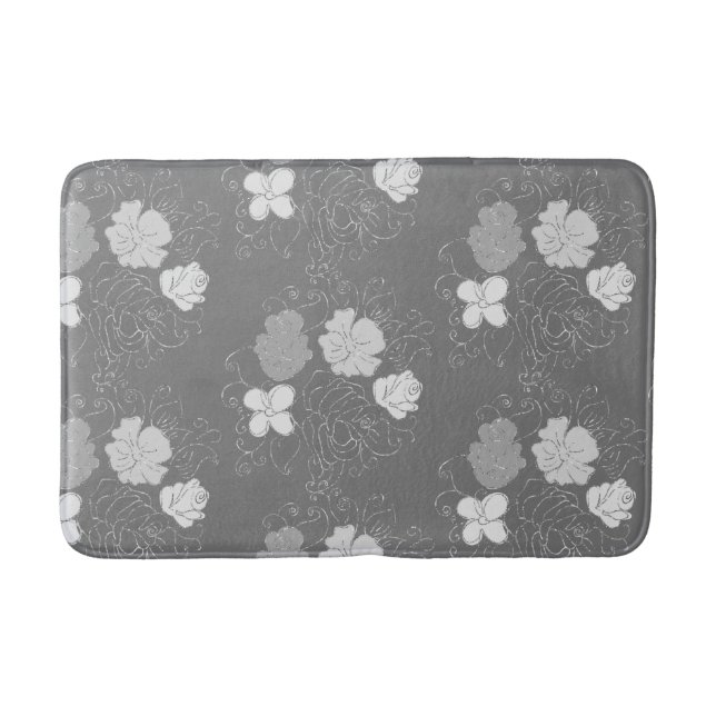 Modern Grey and White Floral Pattern Bath Mat (Front)
