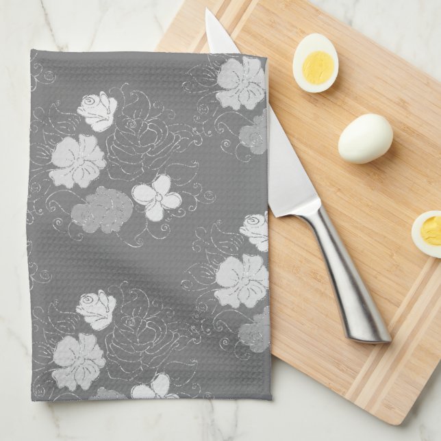 Modern Grey and White Floral Pattern  Tea Towel (Quarter Fold)