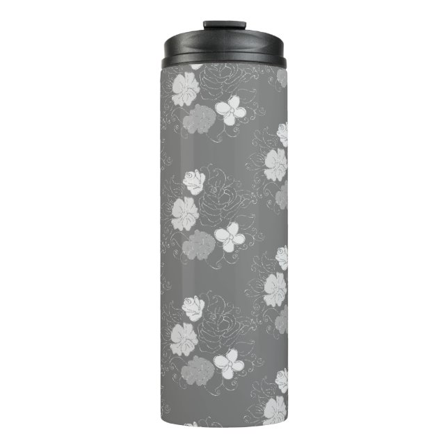 Modern Grey and White Floral Pattern Thermal Tumbler (Front)