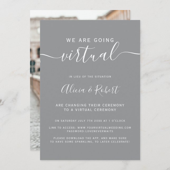 Modern grey and white font photo virtual wedding invitation (Front/Back)