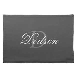 Modern Grey And White Script Monogram Personalised Placemat