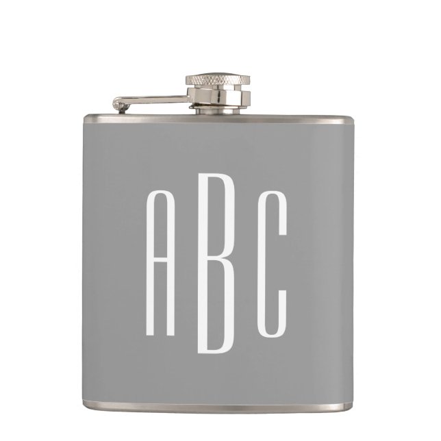 Modern Grey and White Simple Three Letter Monogram Hip Flask (Front)