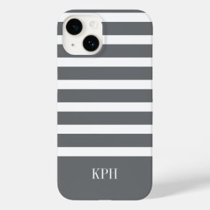 Modern Grey and White Stripe with Monogram  Case-Mate iPhone 14 Case