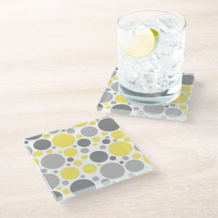 Modern Grey and Yellow Bubbles Glass Coaster