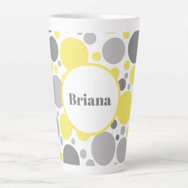 Modern Grey and Yellow Bubbles Personalised Latte Mug (Front)
