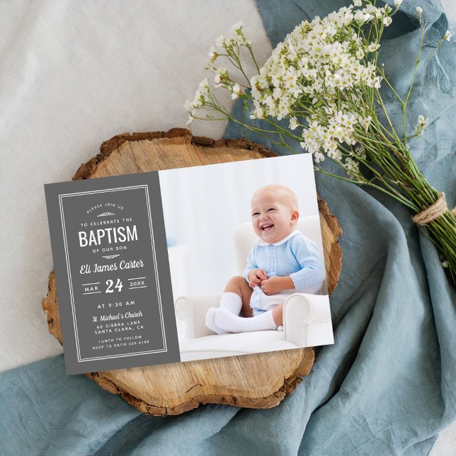 Modern Grey Baby Boy Photo Baptism Invitation (Creator Uploaded)