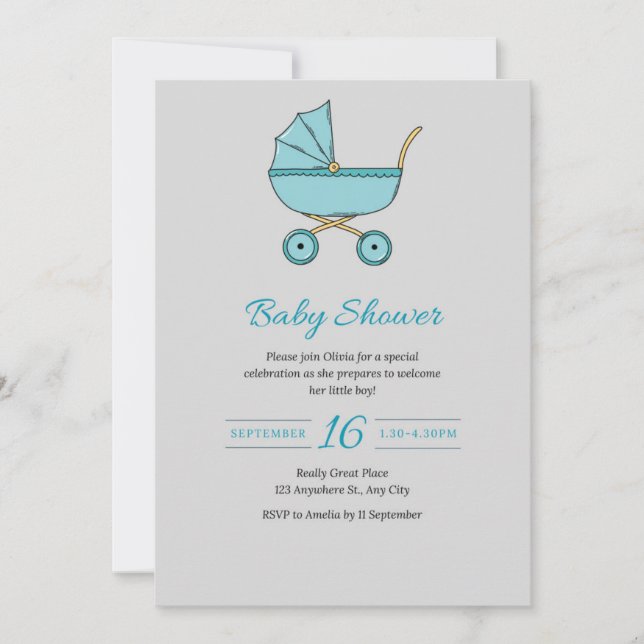 Modern Grey Baby Shower Invitation with Stroller (Front)
