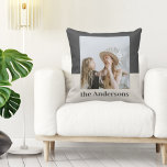 Modern Grey  & Beige | Photo | Family Name Cushion<br><div class="desc">Add a personal and stylish touch to your home with this modern grey and beige custom throw pillow. Featuring your favourite photo and family name, this design blends cosy neutral tones with contemporary style—perfect for living rooms, bedrooms, or gifting. Whether you're celebrating a new home, a wedding, or just want...</div>