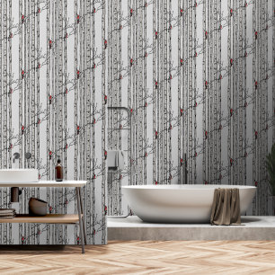 Modern Grey Birch Trees and Red Cardinal Birds Wallpaper