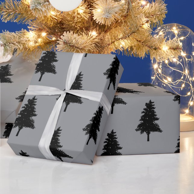 Modern Grey Black Christmas Tree Pattern Holiday Wrapping Paper (Holidays)